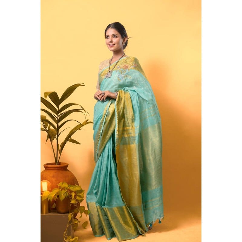 Sea Green Linen Zari Saree - Charkha TalesSea Green Linen Zari Saree