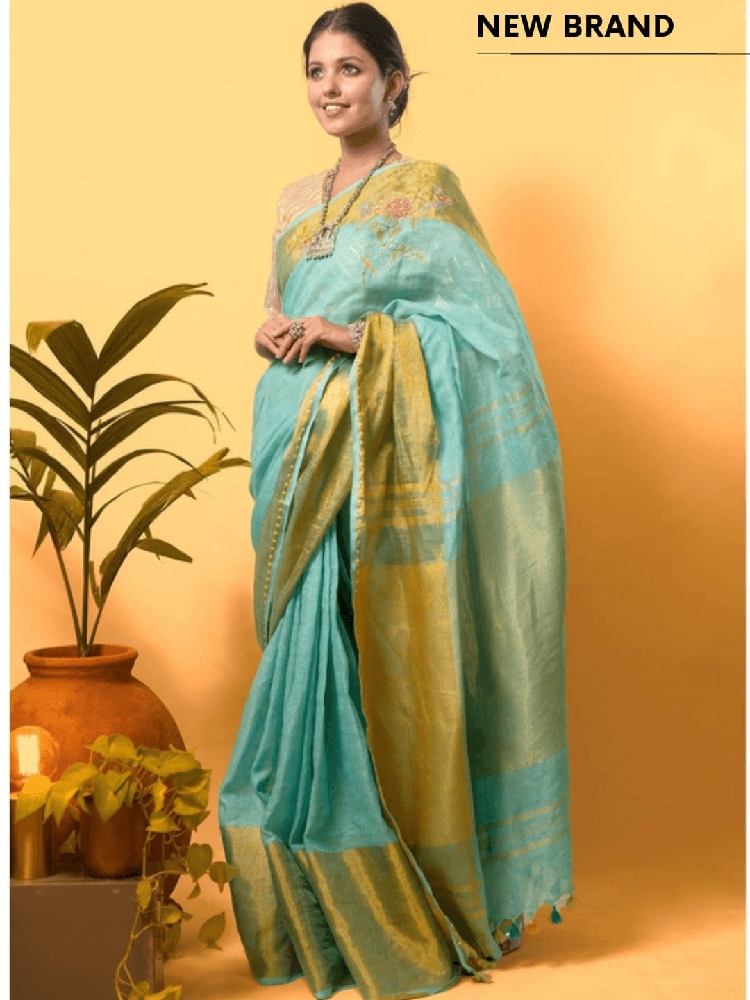 Sea Green Linen Zari Saree - Charkha TalesSea Green Linen Zari Saree