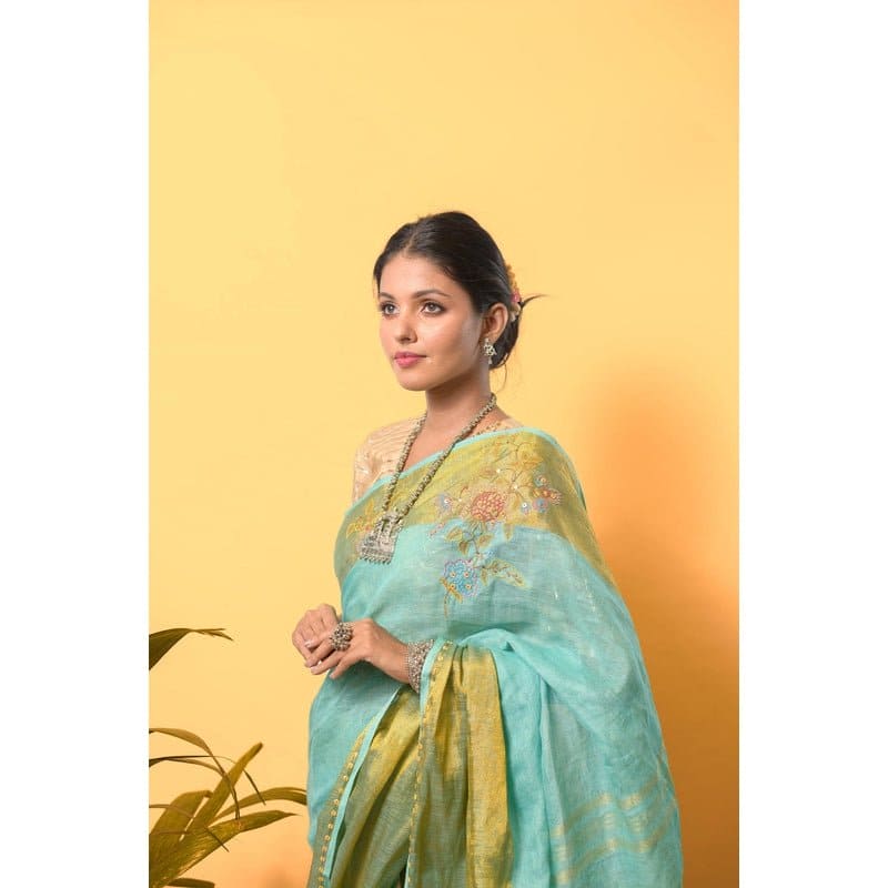 Sea Green Linen Zari Saree - Charkha TalesSea Green Linen Zari Saree