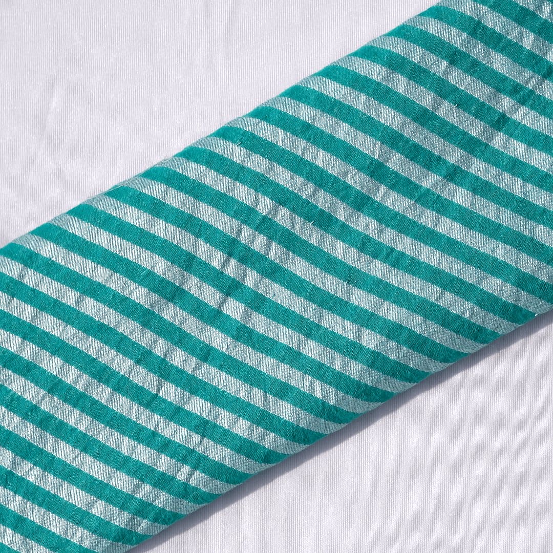 Sea-Green Silver Stripes Chanderi Fabric - Charkha TalesSea-Green Silver Stripes Chanderi Fabric
