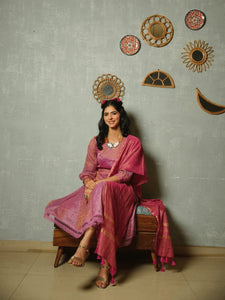 Shimmer Banarsi Anarkali Kurta Set - Majenta