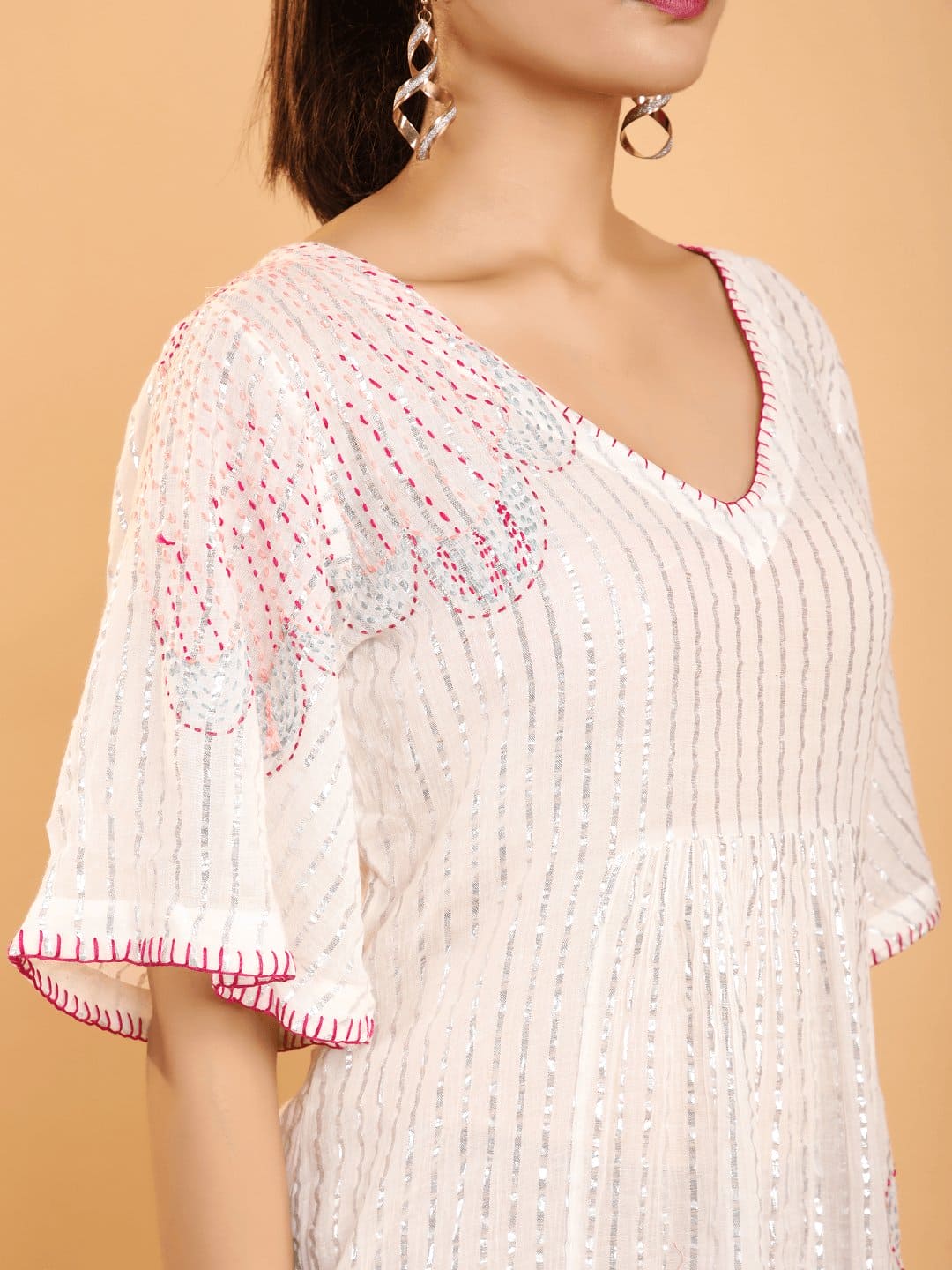Silver Lurex Stripes Kantha Embroidery Dress - Charkha TalesSilver Lurex Stripes Kantha Embroidery Dress