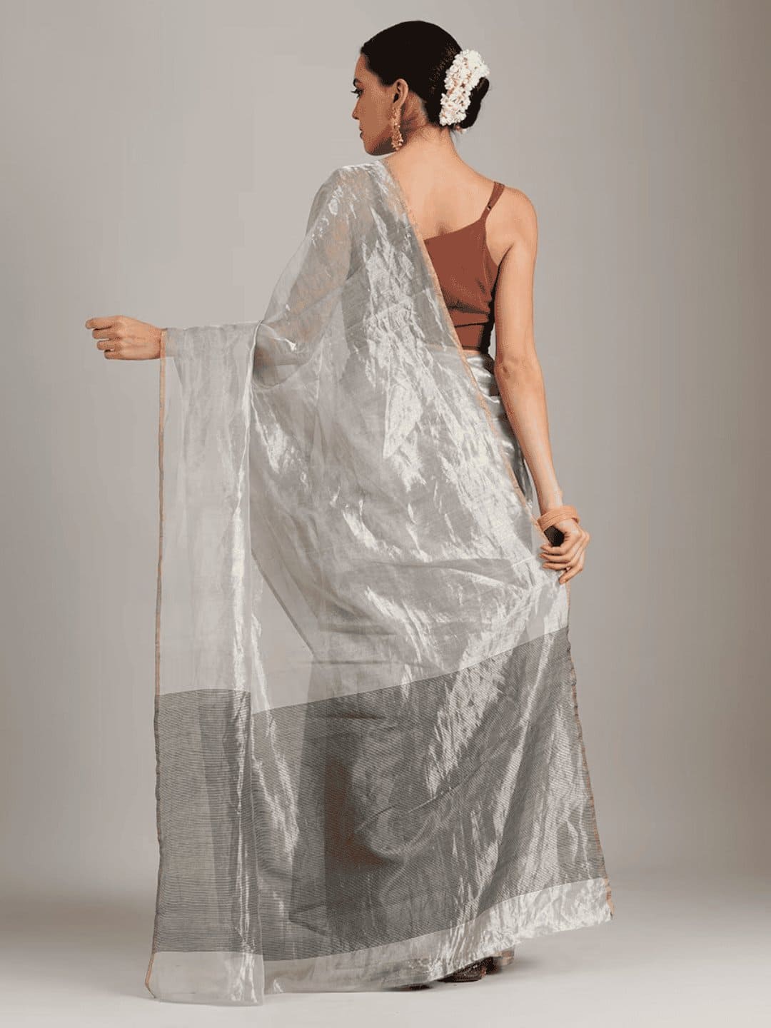 Silver Tissue Chanderi Saree - Charkha TalesSilver Tissue Chanderi Saree