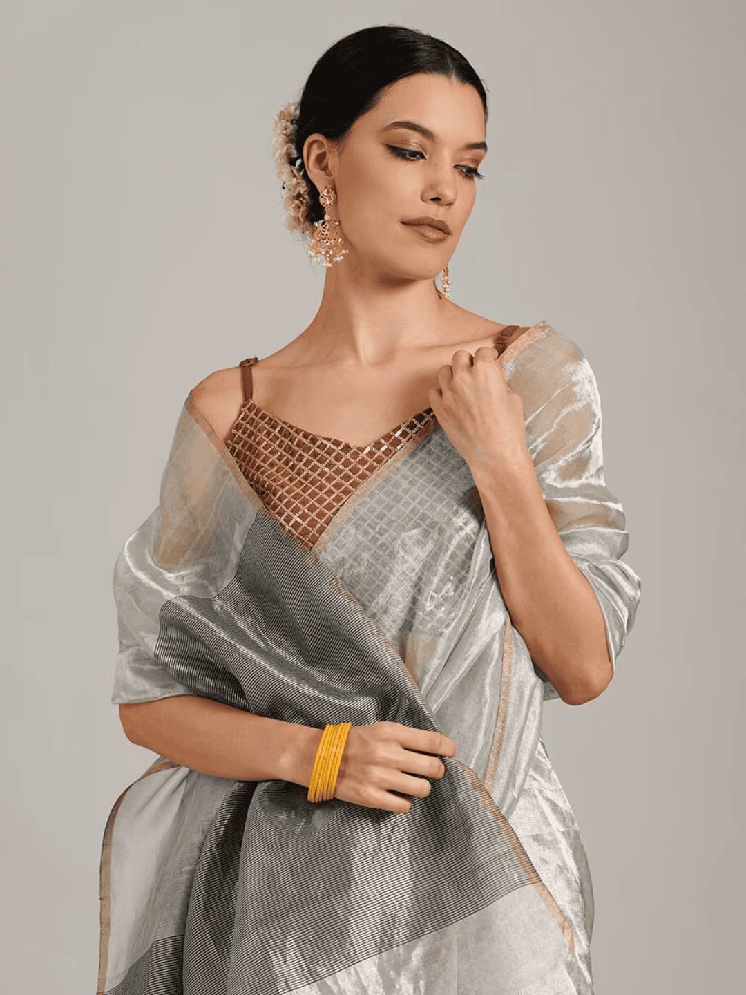 Silver Tissue Chanderi Saree - Charkha TalesSilver Tissue Chanderi Saree