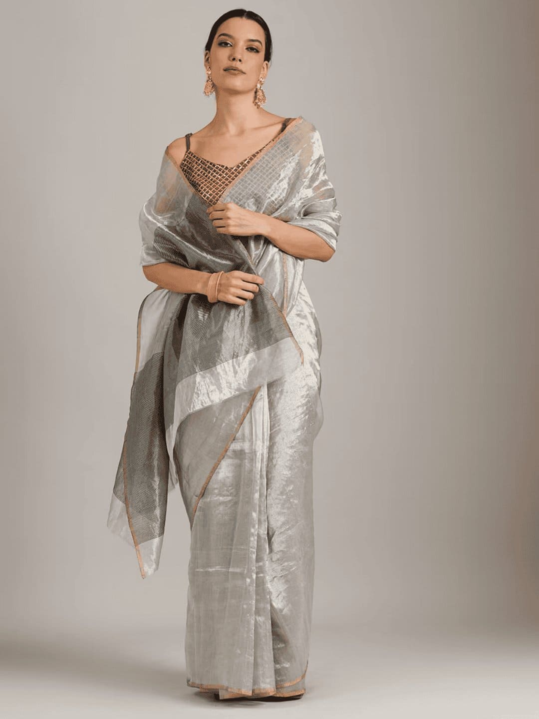 Silver Tissue Chanderi Saree - Charkha TalesSilver Tissue Chanderi Saree