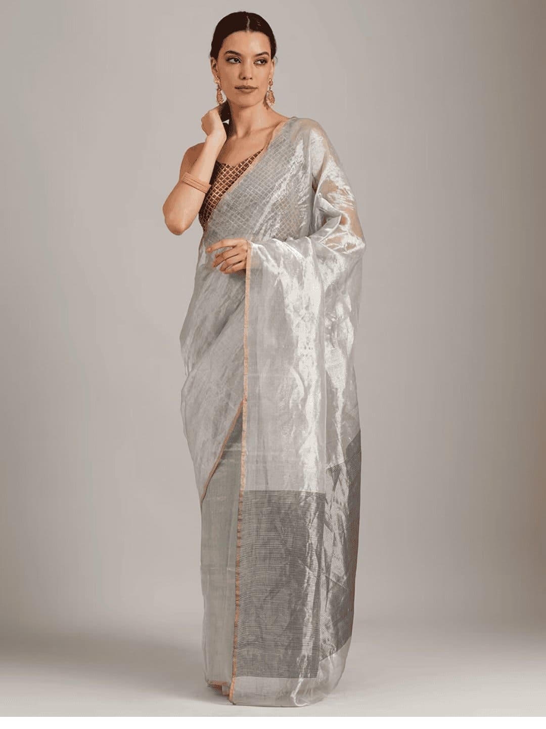 Silver Tissue Chanderi Saree - Charkha TalesSilver Tissue Chanderi Saree