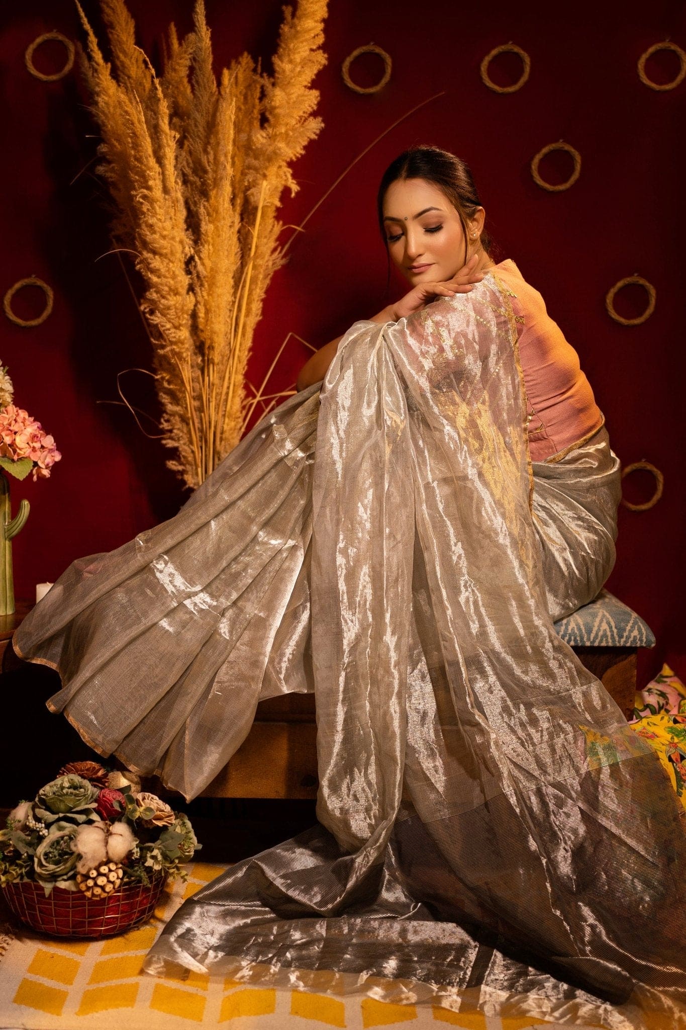 Silver Tissue Chanderi Saree - Charkha TalesSilver Tissue Chanderi Saree