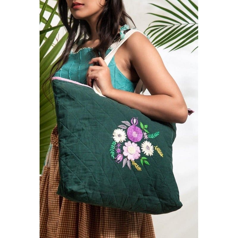 Sunflower Blue Khadi Tote Bag - Charkha TalesSunflower Blue Khadi Tote Bag