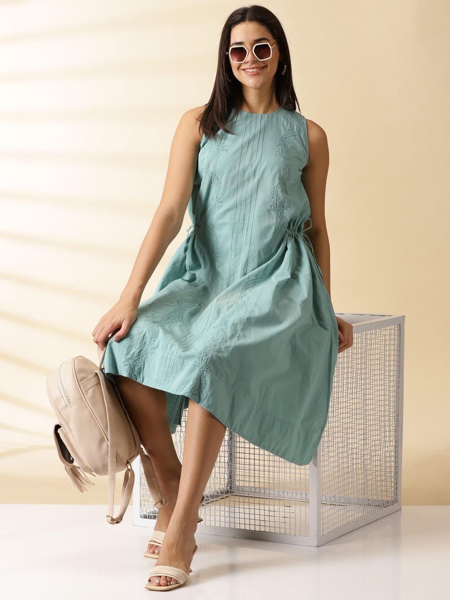 Turquoise Chikankari Cotton Dress - Charkha TalesTurquoise Chikankari Cotton Dress