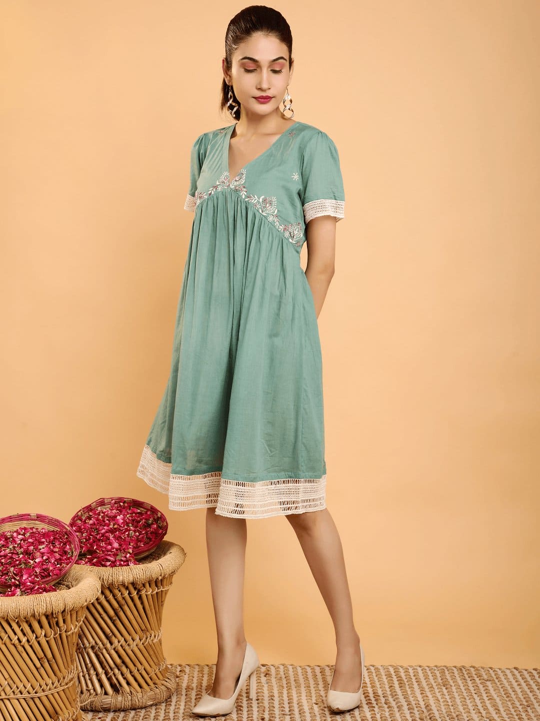 Turquoise Khadi Boho Chikankari Dress - Charkha TalesTurquoise Khadi Boho Chikankari Dress