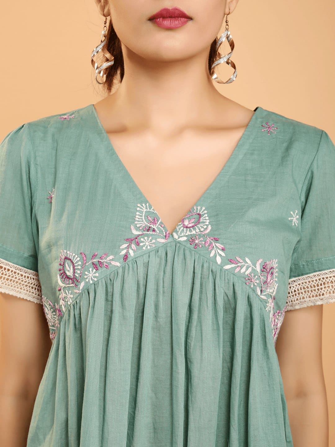 Turquoise Khadi Boho Chikankari Dress - Charkha TalesTurquoise Khadi Boho Chikankari Dress