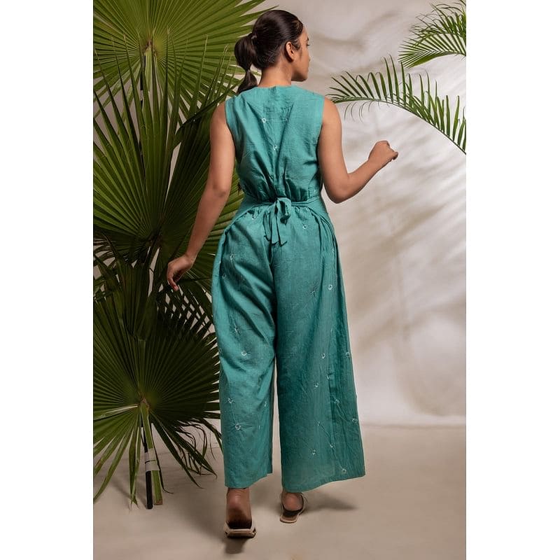 Turquoise Tie & Dye Jumpsuit. - Charkha TalesTurquoise Tie & Dye Jumpsuit.