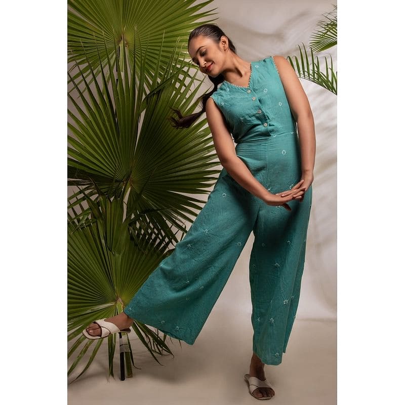 Turquoise Tie & Dye Jumpsuit. - Charkha TalesTurquoise Tie & Dye Jumpsuit.