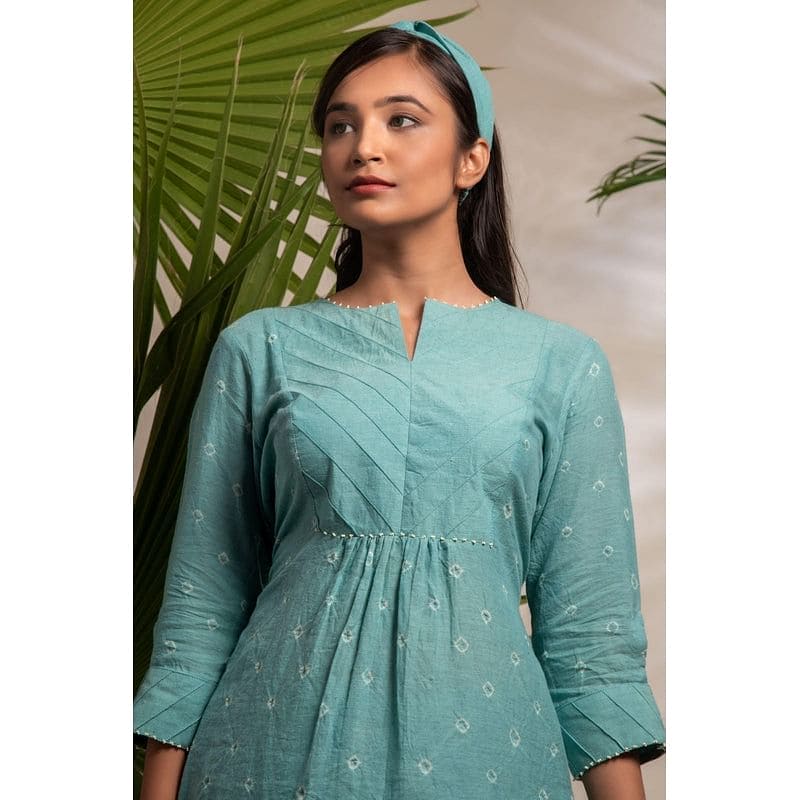 Turquoise Tie-Dye Pleated Kurta Set - Charkha TalesTurquoise Tie-Dye Pleated Kurta Set