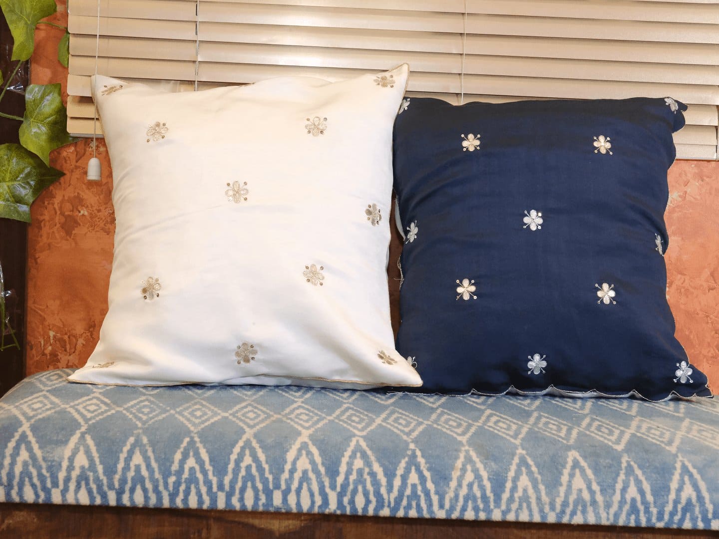 White &amp; Blue Gota Cushions Cover - Charkha TalesWhite &amp; Blue Gota Cushions Cover