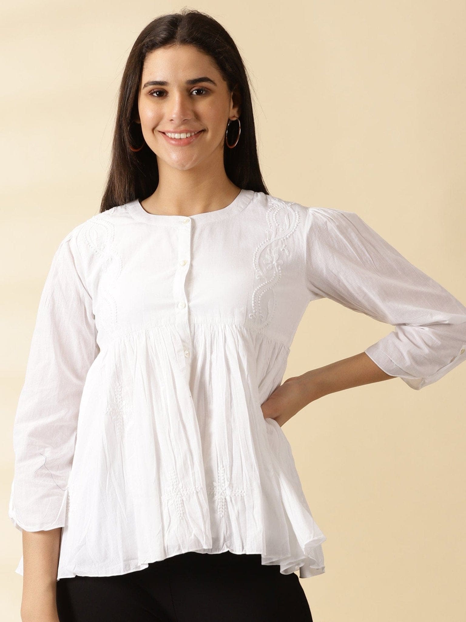 White Chikankari Women Top - Charkha TalesWhite Chikankari Women Top