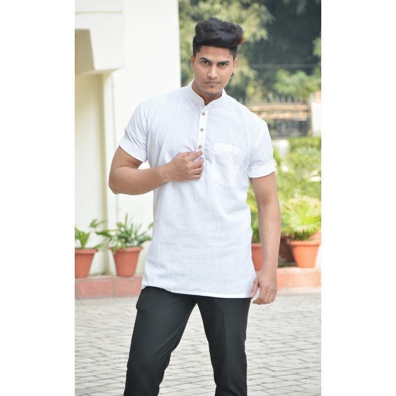 White Cotton Casual Short Kurta - Charkha TalesWhite Cotton Casual Short Kurta