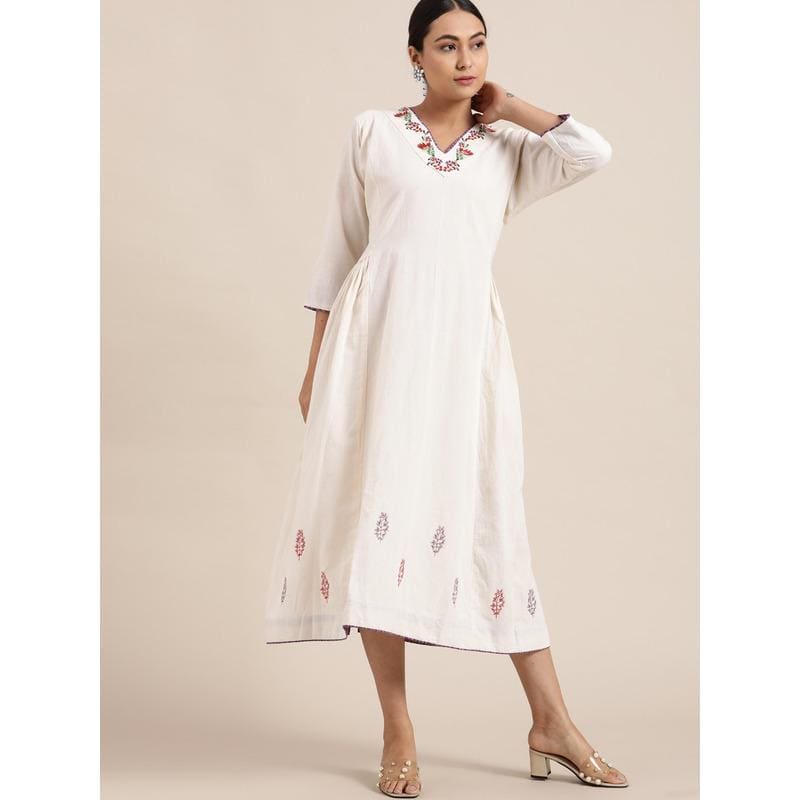 White Cotton Embroidered Dress - Charkha TalesWhite Cotton Embroidered Dress