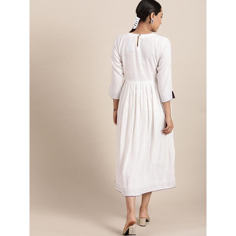 White Floral Embroidered Dress - Charkha TalesWhite Floral Embroidered Dress