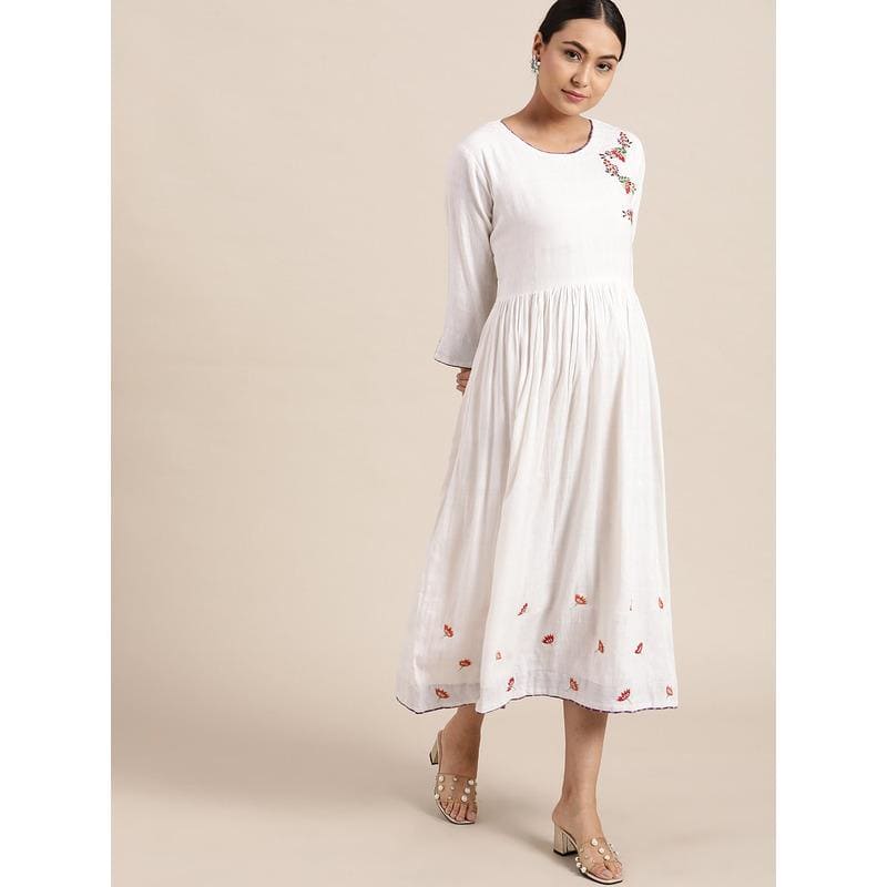 White Floral Embroidered Dress - Charkha TalesWhite Floral Embroidered Dress