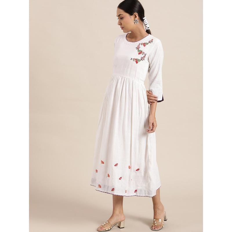 White Floral Embroidered Dress - Charkha TalesWhite Floral Embroidered Dress