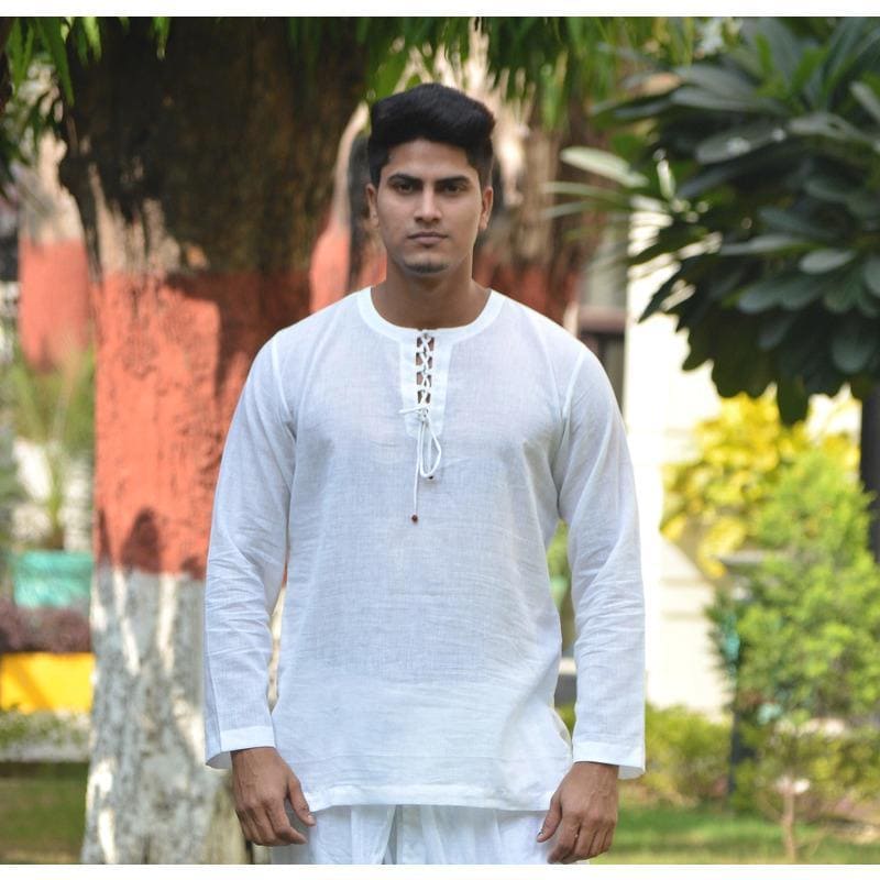 White Khadi Yoga Kurta Set - Charkha TalesWhite Khadi Yoga Kurta Set