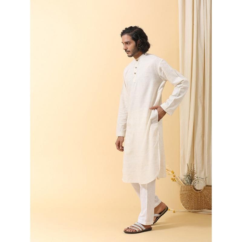 White Men Long Kurta Set - Charkha TalesWhite Men Long Kurta Set