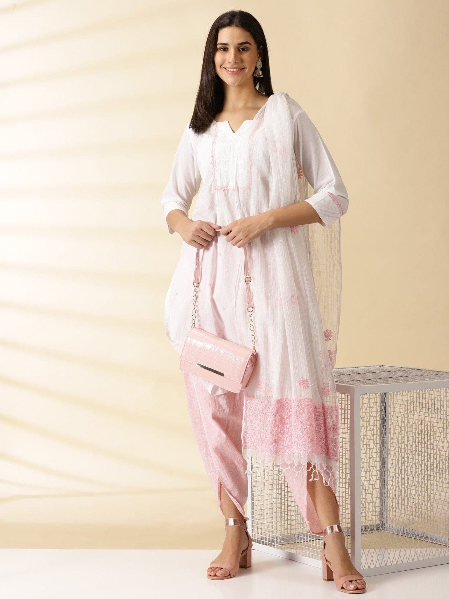 White-Pink Embroidered Kurta Set - Charkha TalesWhite-Pink Embroidered Kurta Set