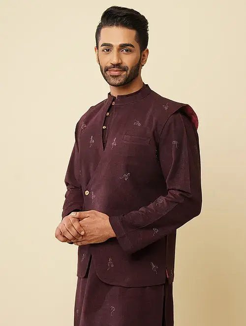 Wine Khadi Cotton Nehru Jacket - Charkha TalesWine Khadi Cotton Nehru Jacket