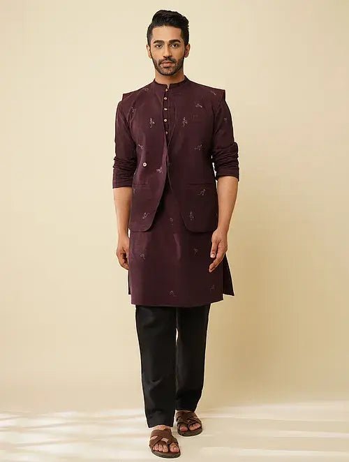 Wine Khadi Cotton Nehru Jacket - Charkha TalesWine Khadi Cotton Nehru Jacket