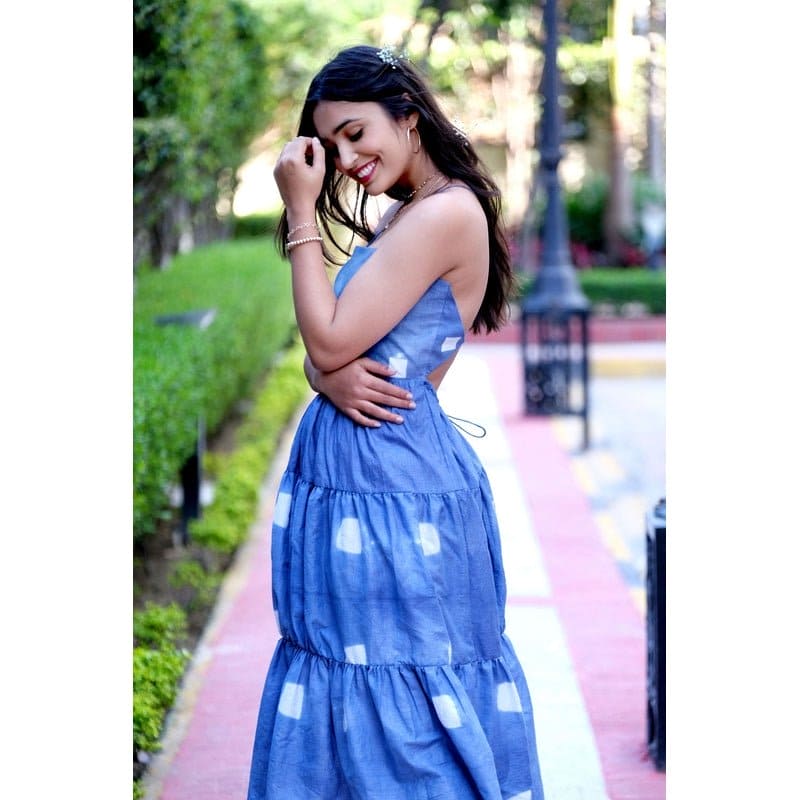 Women Blue Clamp Dye Dress - Charkha TalesWomen Blue Clamp Dye Dress
