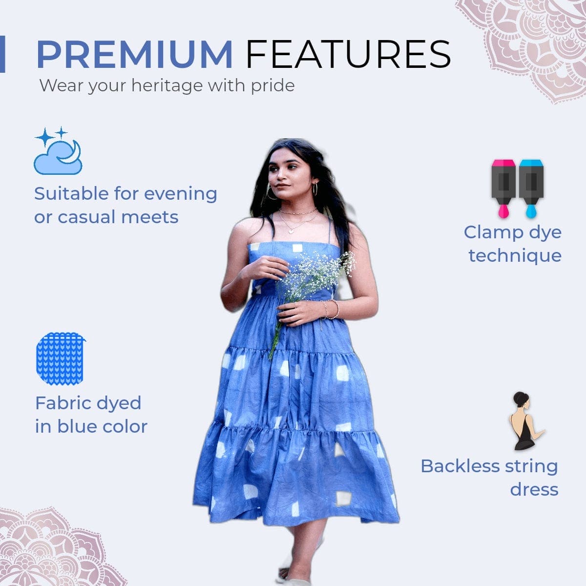 Women Blue Clamp Dye Dress - Charkha TalesWomen Blue Clamp Dye Dress