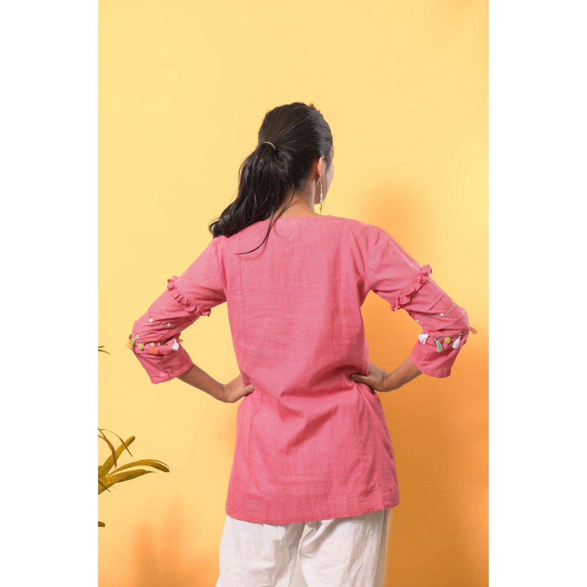 Women Bohemian Floral Pink Top Set - Charkha TalesWomen Bohemian Floral Pink Top Set