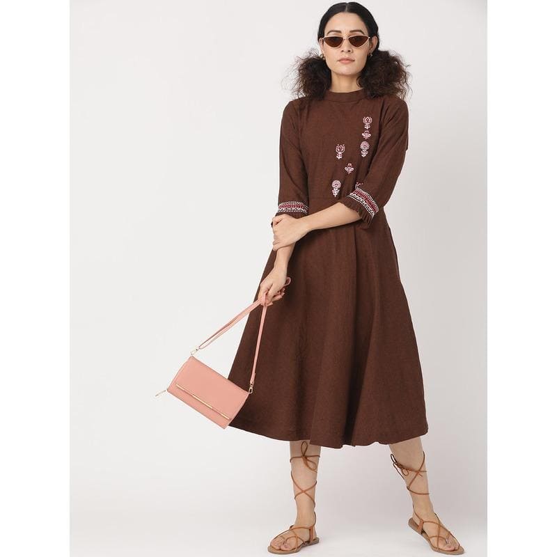 Women Brown Boho Dress - Charkha TalesWomen Brown Boho Dress