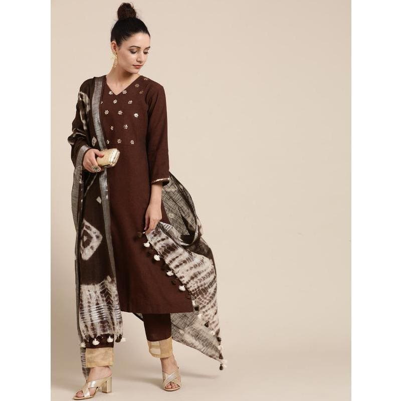 Women Dark Brown Work Kurta Set - Charkha TalesWomen Dark Brown Work Kurta Set