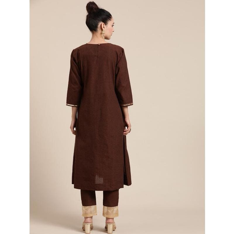 Women Dark Brown Work Kurta Set - Charkha TalesWomen Dark Brown Work Kurta Set