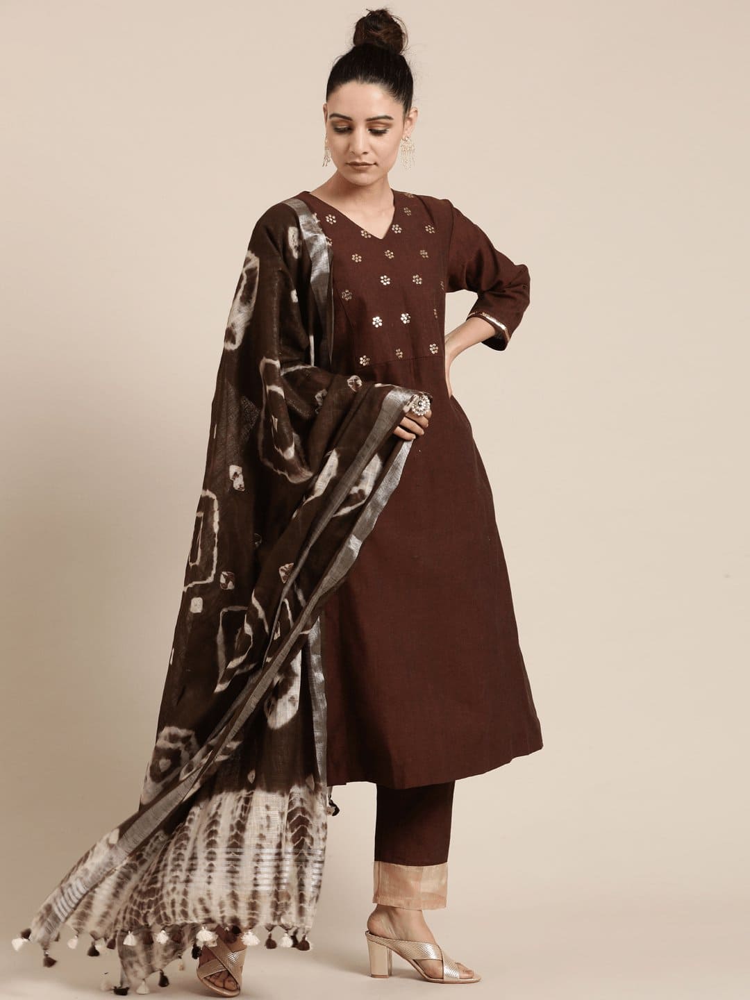 Women Dark Brown Work Kurta Set - Charkha TalesWomen Dark Brown Work Kurta Set