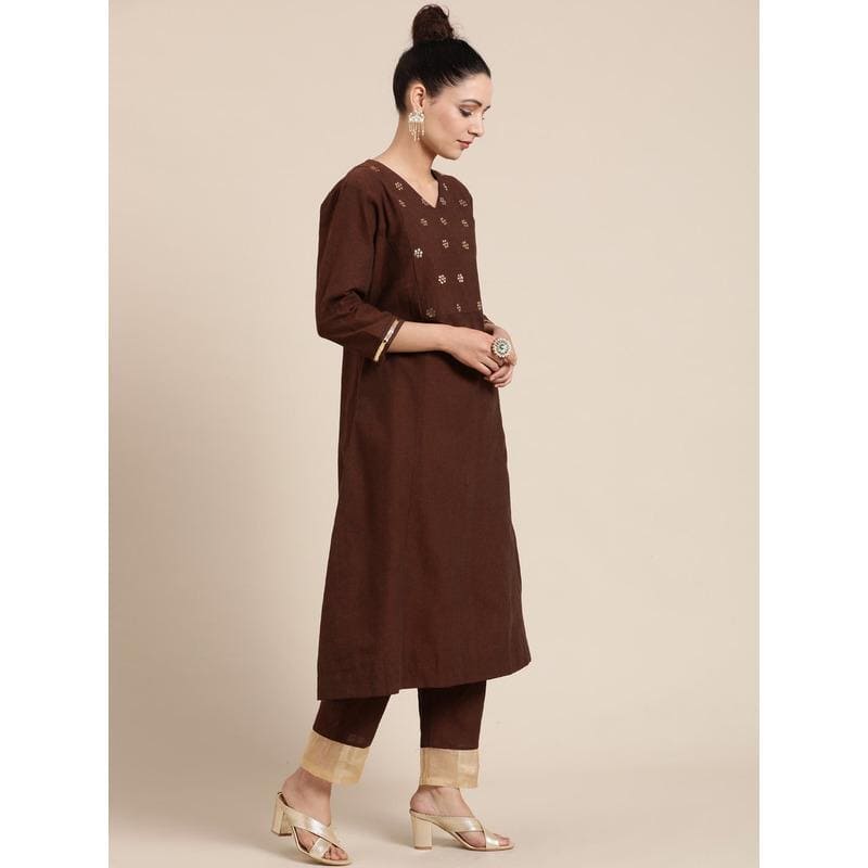 Women Dark Brown Work Kurta Set - Charkha TalesWomen Dark Brown Work Kurta Set