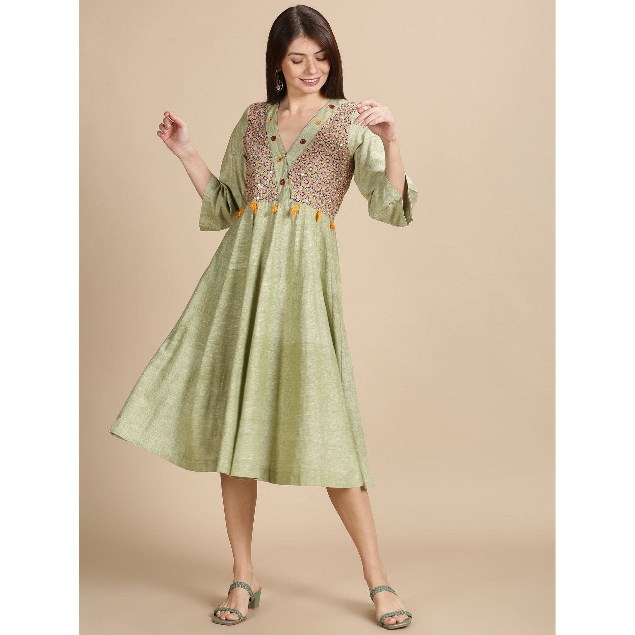 Women green Embroidered Dress - Charkha TalesWomen green Embroidered Dress