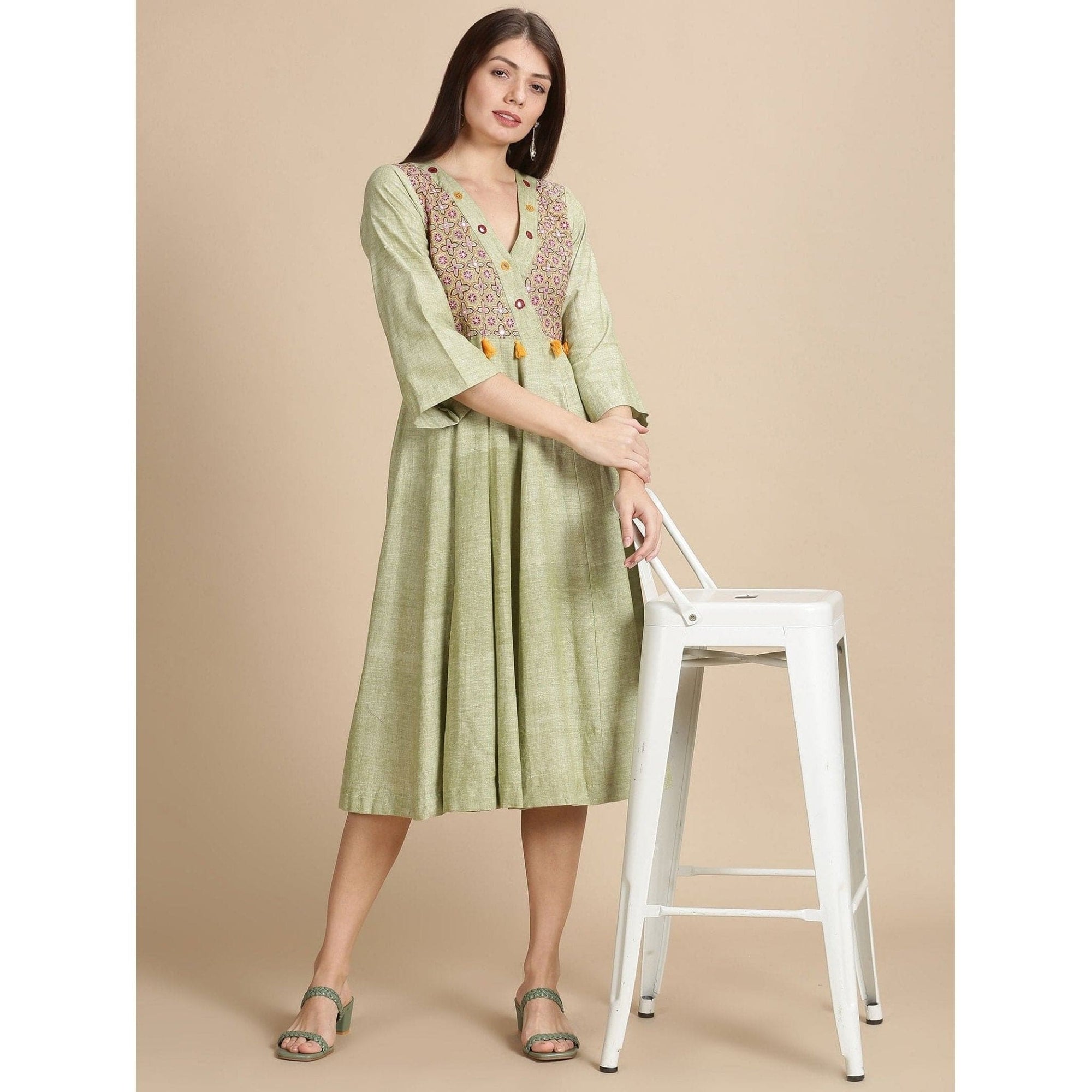 Women green Embroidered Dress - Charkha TalesWomen green Embroidered Dress