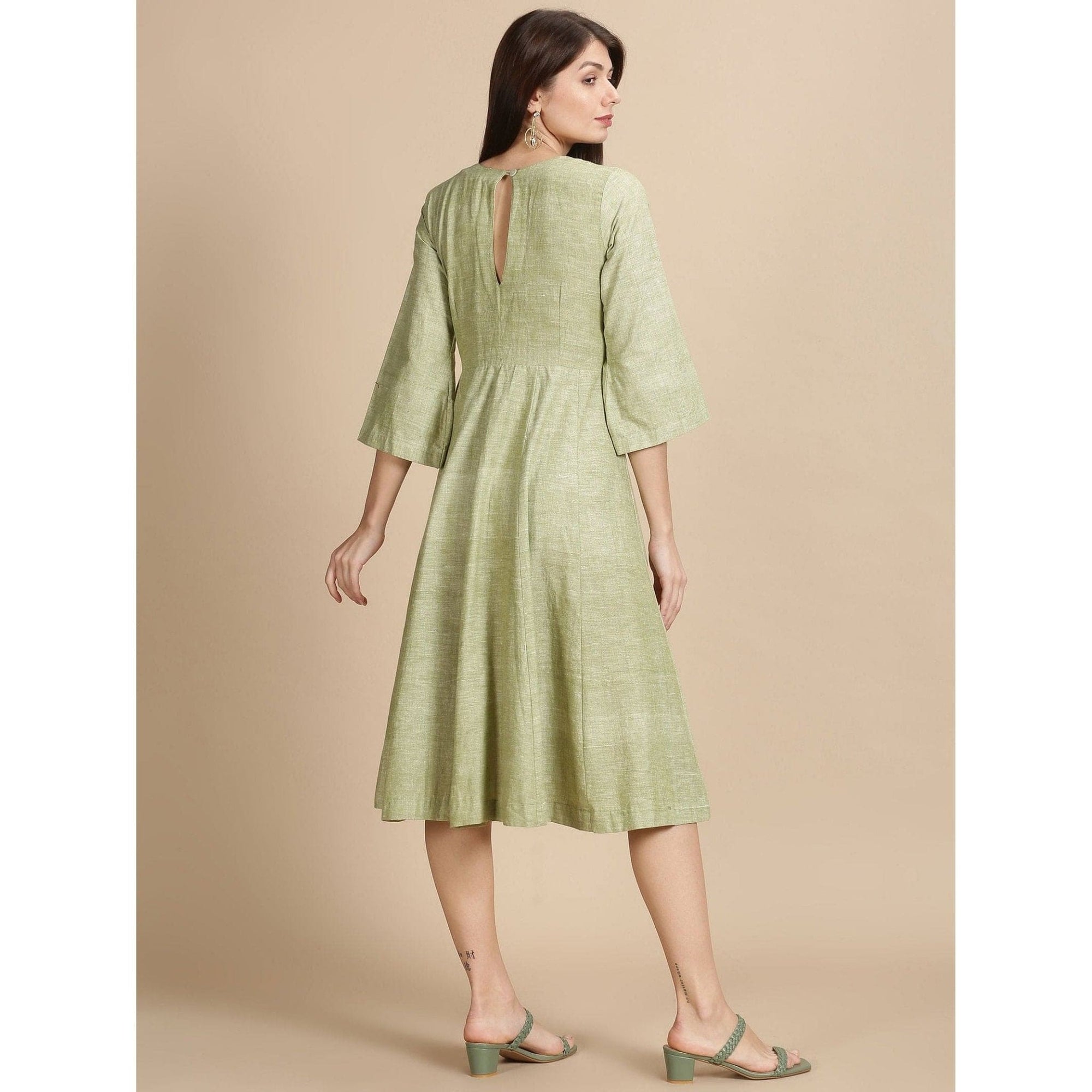 Women green Embroidered Dress - Charkha TalesWomen green Embroidered Dress