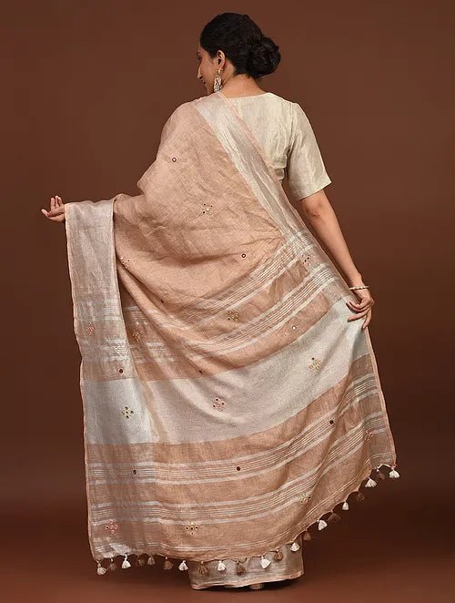 Women Handcrfted Fawn Linen Saree - Charkha TalesWomen Handcrfted Fawn Linen Saree