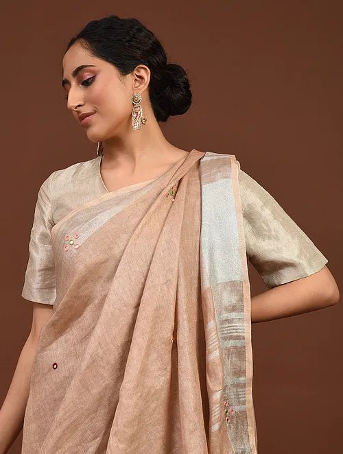 Women Handcrfted Fawn Linen Saree - Charkha TalesWomen Handcrfted Fawn Linen Saree