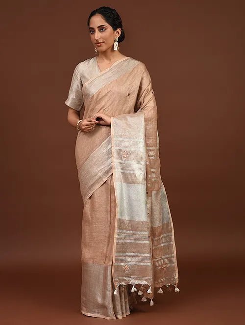 Women Handcrfted Fawn Linen Saree - Charkha TalesWomen Handcrfted Fawn Linen Saree