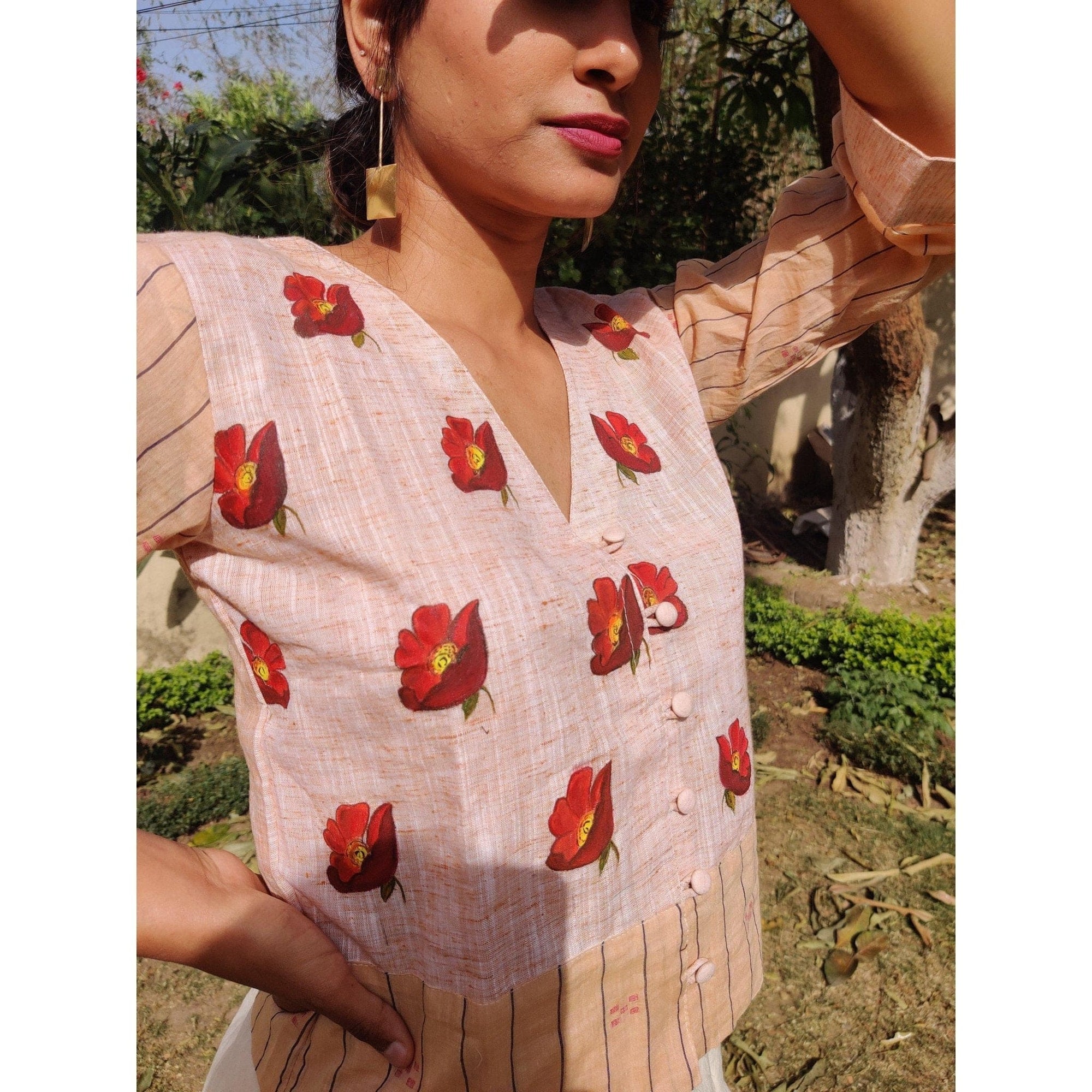 Women Handpainted Floral Beige Top - Charkha TalesWomen Handpainted Floral Beige Top