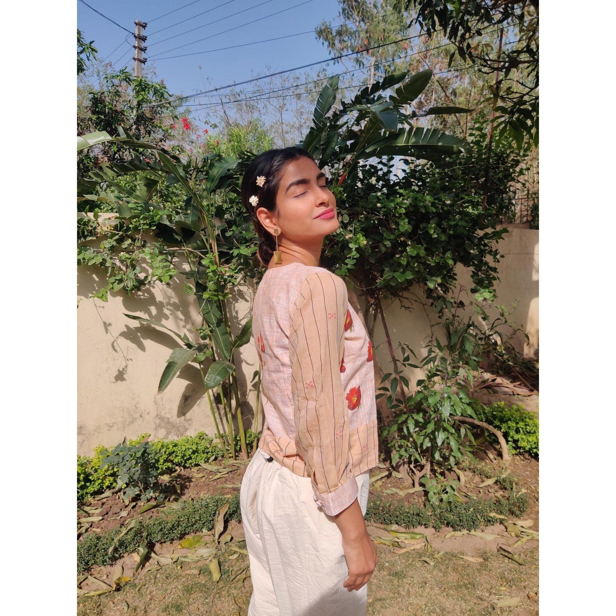 Women Handpainted Floral Beige Top - Charkha TalesWomen Handpainted Floral Beige Top