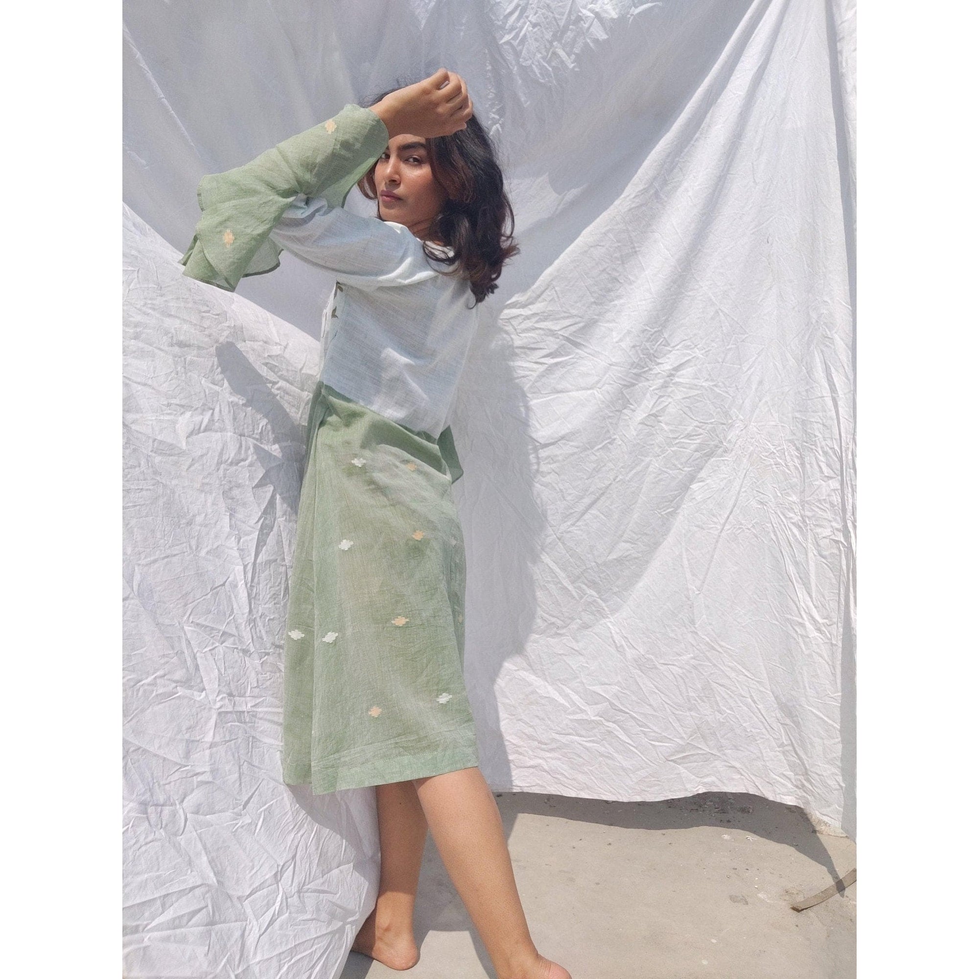 Women Handpainted Green Dress - Charkha TalesWomen Handpainted Green Dress