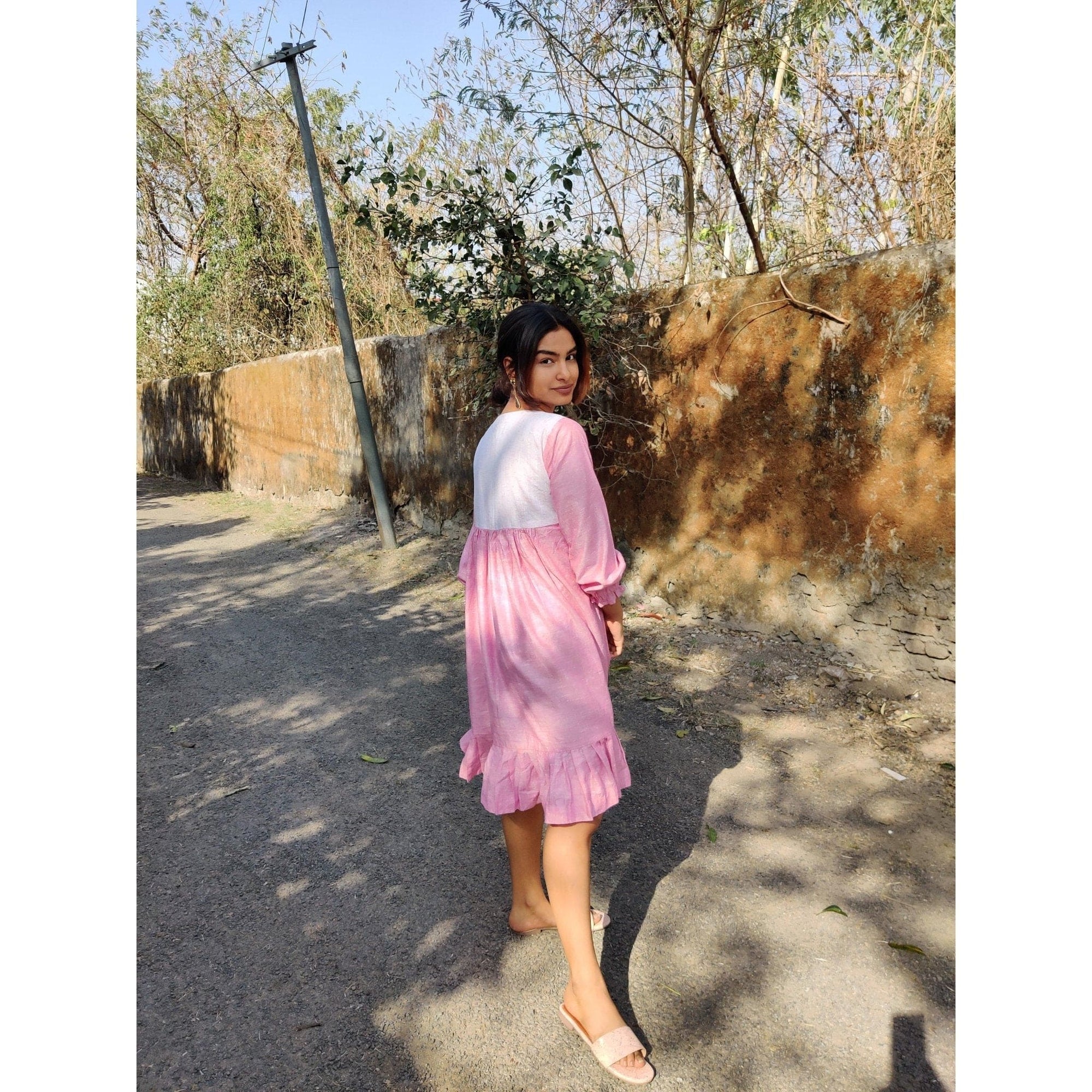 Women Handpainted Khadi Pink Dress - Charkha TalesWomen Handpainted Khadi Pink Dress