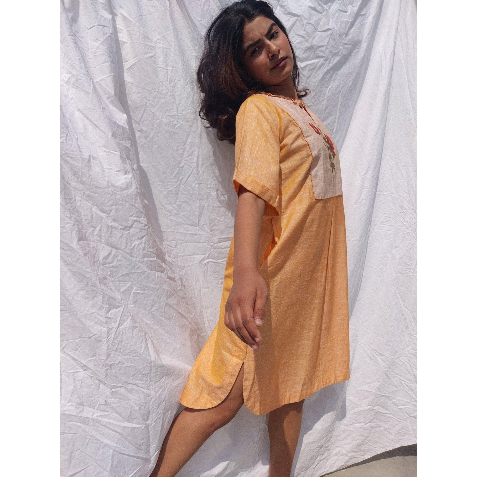 Women Handpainted Yellow Dress - Charkha TalesWomen Handpainted Yellow Dress