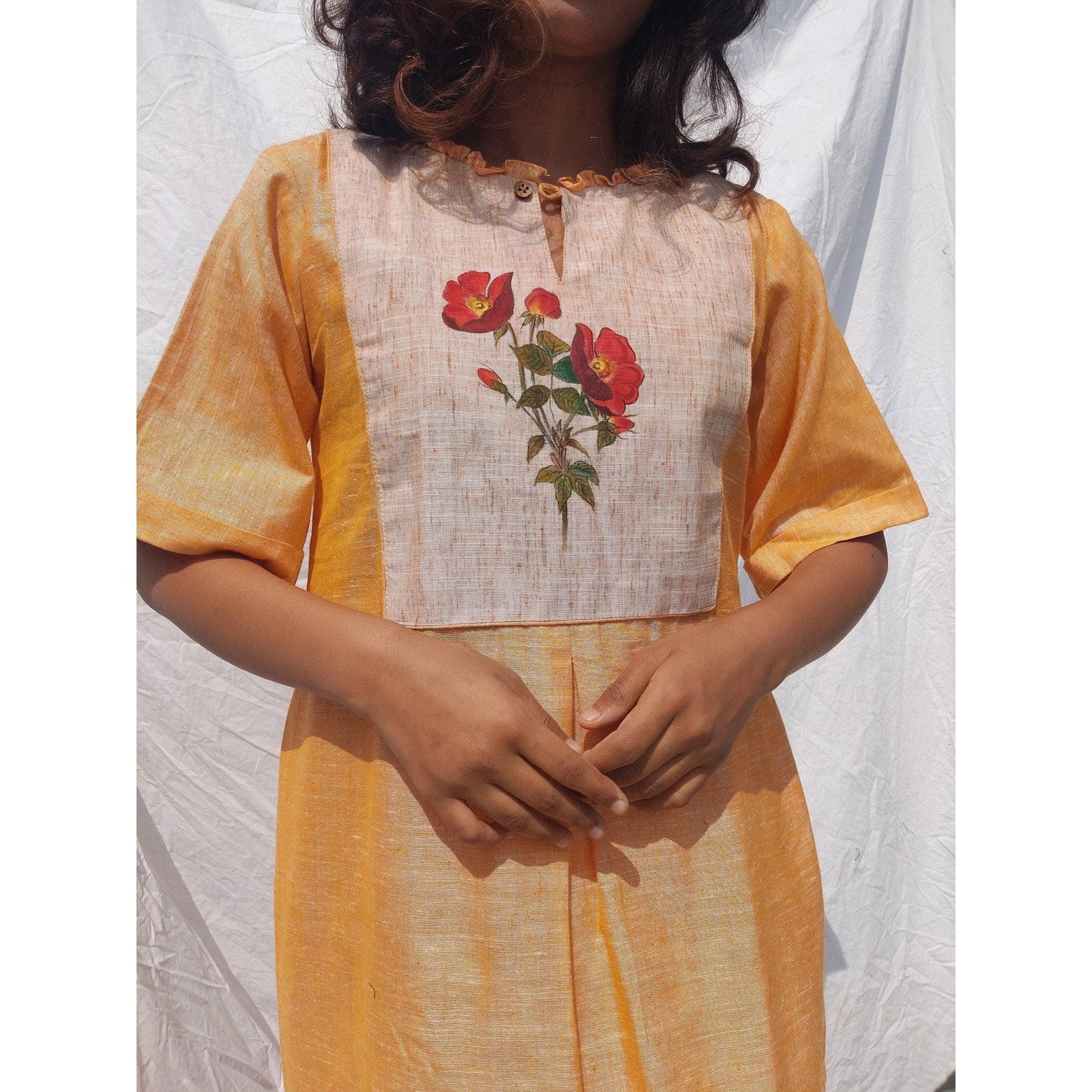 Women Handpainted Yellow Dress - Charkha TalesWomen Handpainted Yellow Dress
